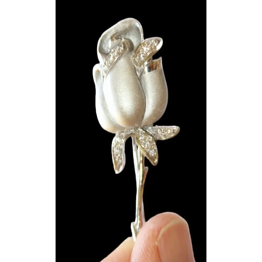 Sterling Silver 925 Rose flower brooch white Rhinestones Vintage